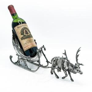 Table Bottle Holder In Solid Silver 800 Thousandths Depicting A Sleigh Pulled By A Reindeer,