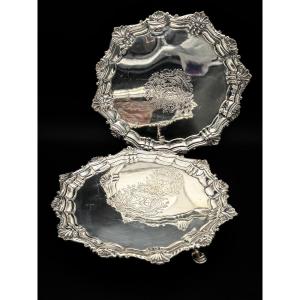 John Rich – Rare paire de salvers armoriés en argent massif – Londres, 1782