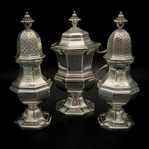 Philippe Wolfers – Set Of Salt Shaker, Pepper Shaker, And Mustard Jar In 950-th Solid Silver –