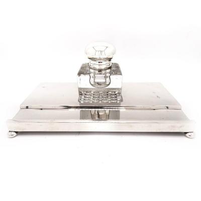 Solid Silver And Crystal Desk Inkwell