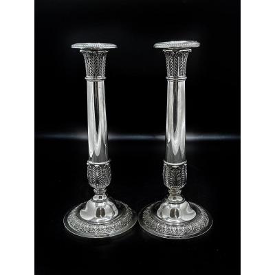 Pair Of Silver Candlesticks In The Charles X Style