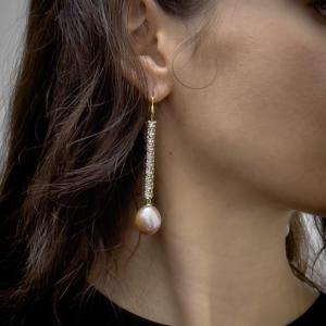 Pair Of Gold Diamond And Baroque Pearls Drop Earrings