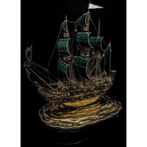 Galleon In Silver Vermeil And Enamel
