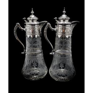 Pair Of Crystal And Sterling Silver Decanters