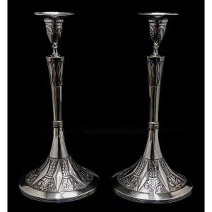 Pair Of Candlesticks In Sterling Silver, Said "trumpet"