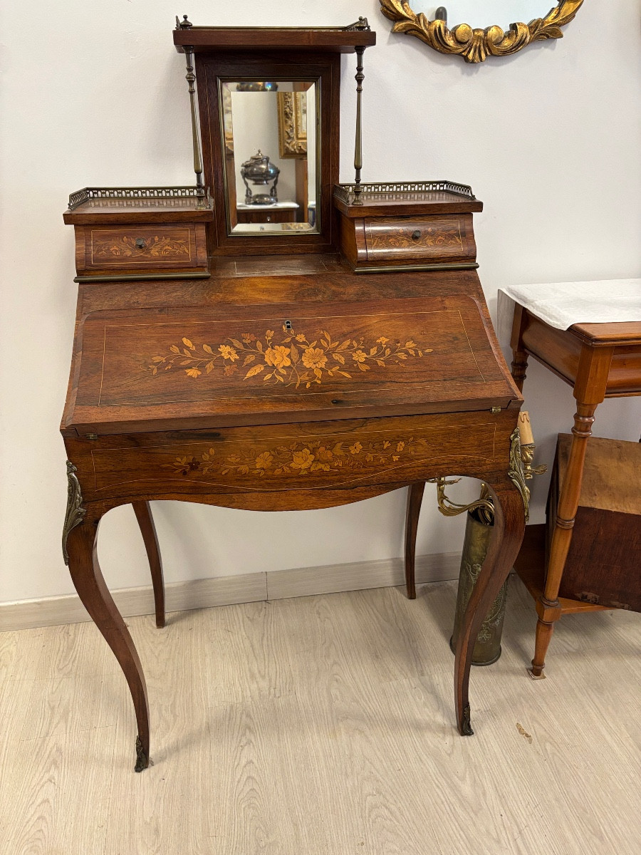 Louis XV Style Secretary In Marquetry Wood 