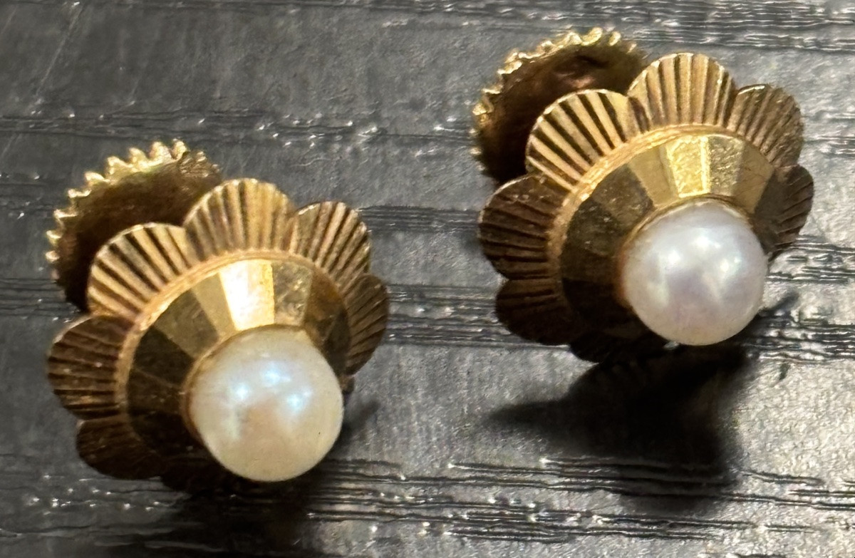 Pair Of 18-carat Gold "flower" Earrings With Pearl For Women -photo-2