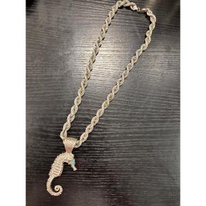 Collier en argent massif maille torsadée + pendentif hippocampe 