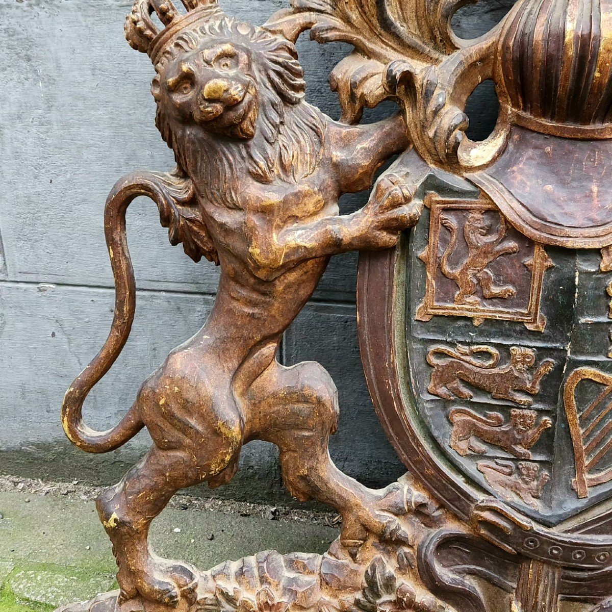 Lion And Unicorn Coat Of Arms Polychrome Wood English XIX -photo-2