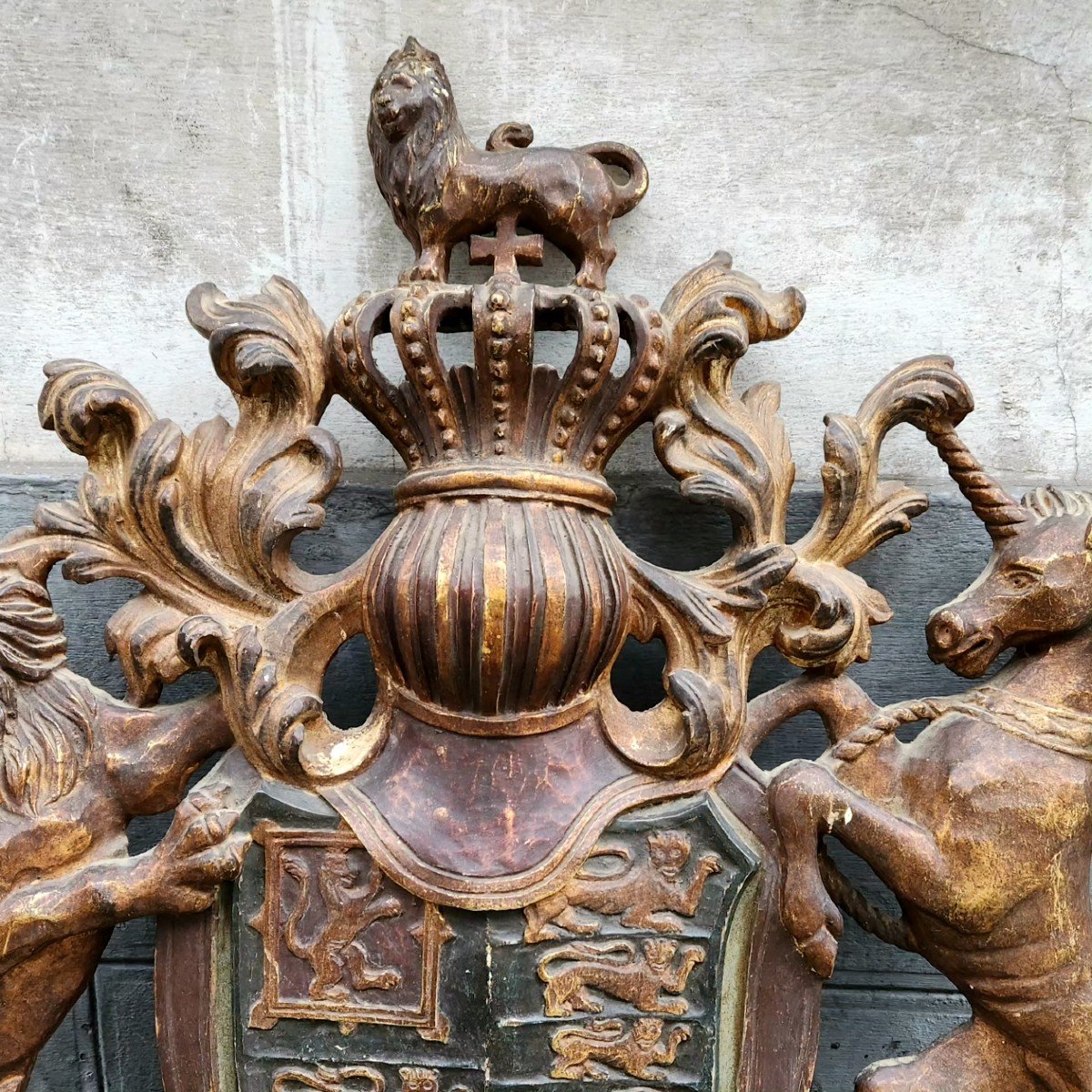 Lion And Unicorn Coat Of Arms Polychrome Wood English XIX -photo-3