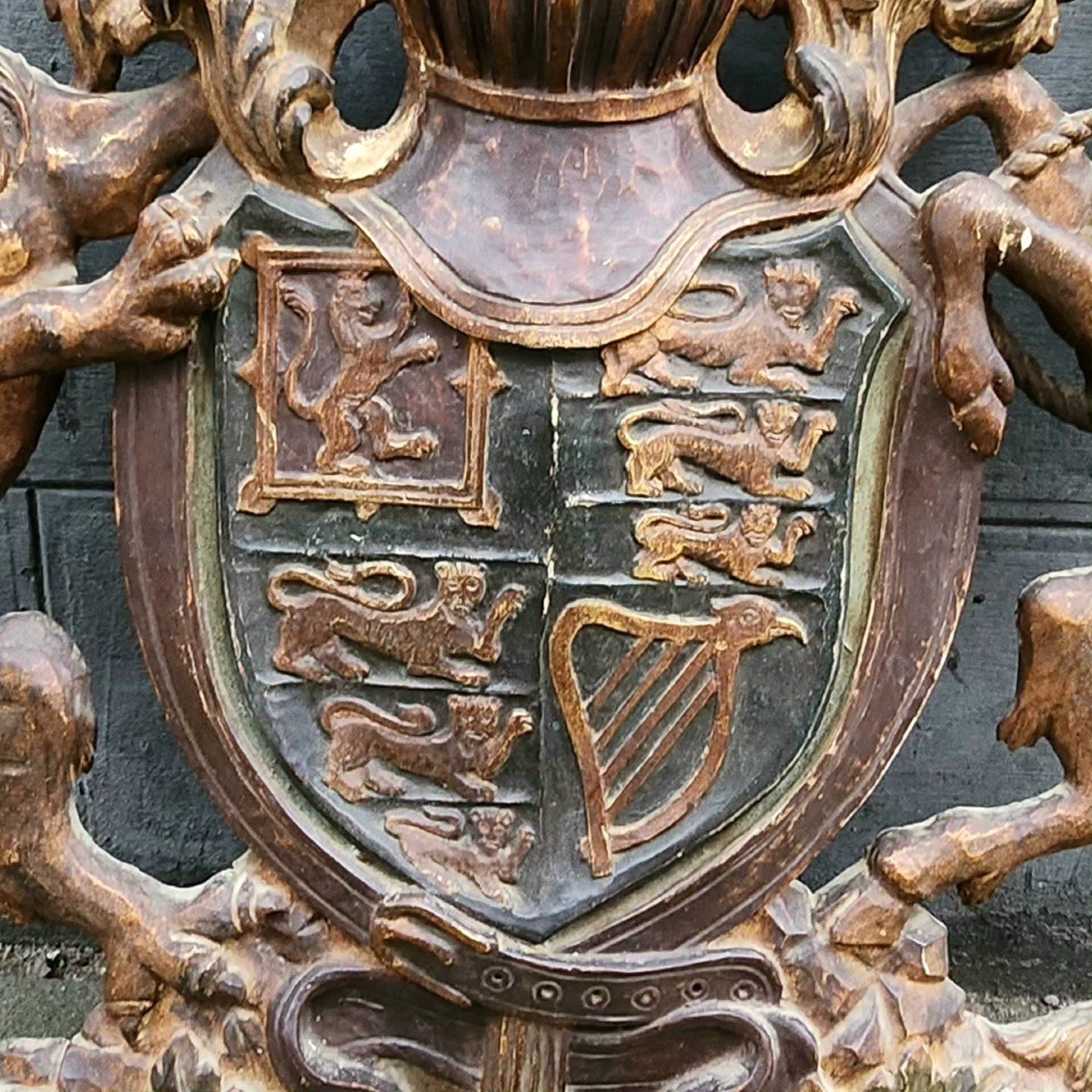 Lion And Unicorn Coat Of Arms Polychrome Wood English XIX -photo-4