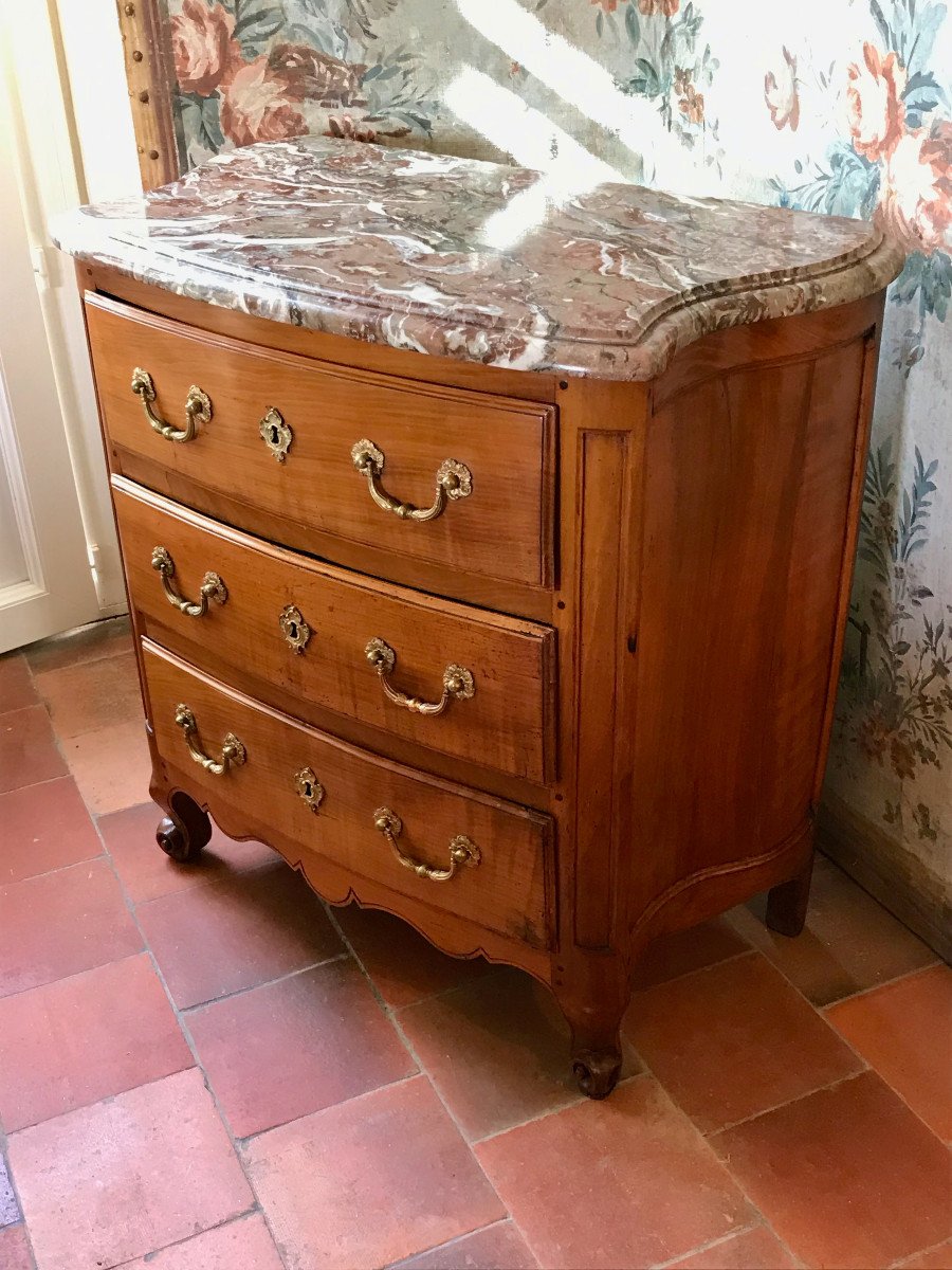 Petite Commode Merisier Epoque Louis XV Galbée Trois Côtés XVIIIe-photo-2