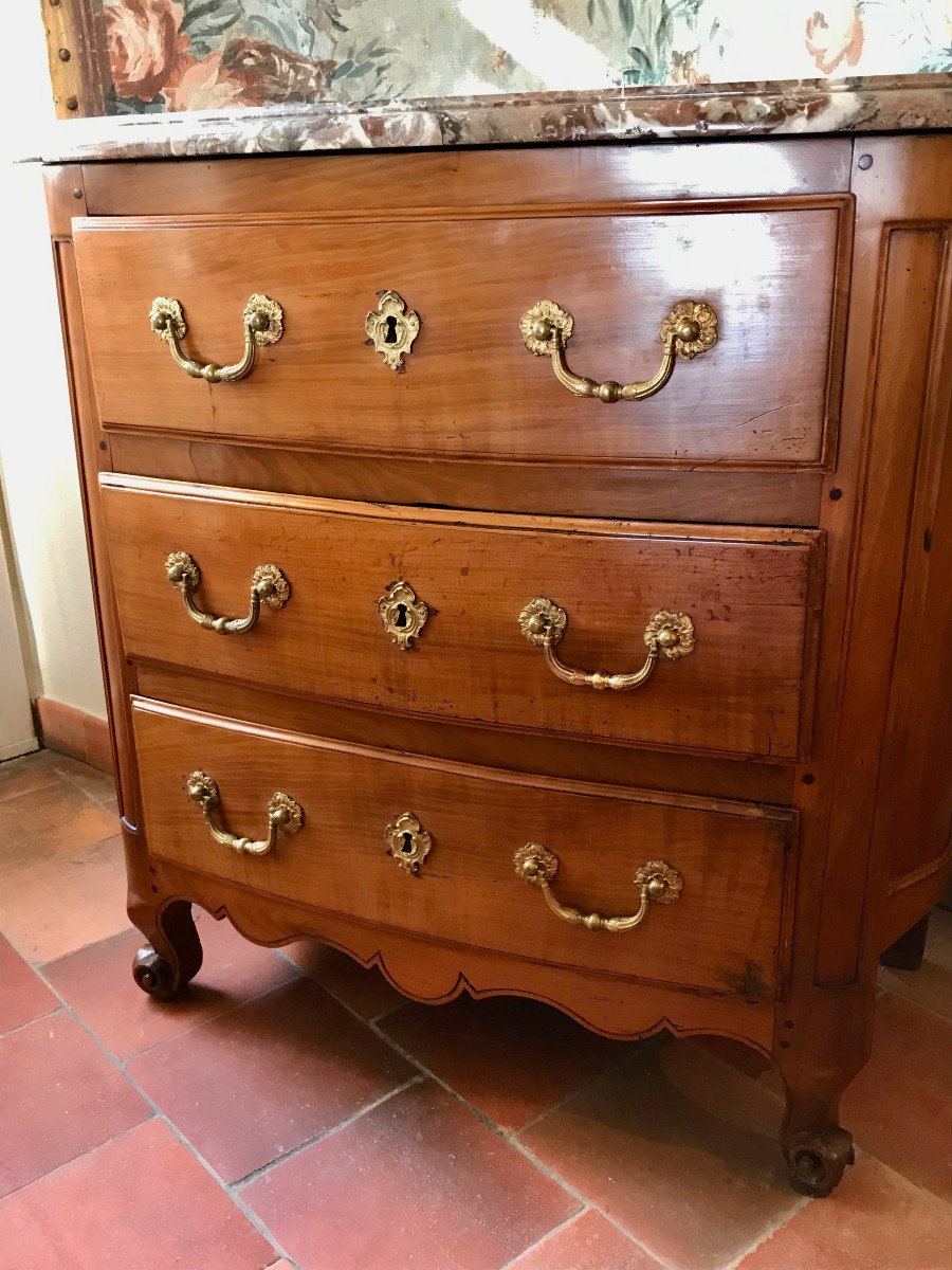 Petite Commode Merisier Epoque Louis XV Galbée Trois Côtés XVIIIe-photo-3