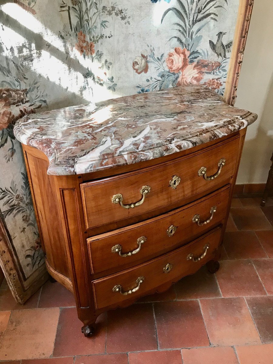 Petite Commode Merisier Epoque Louis XV Galbée Trois Côtés XVIIIe-photo-4