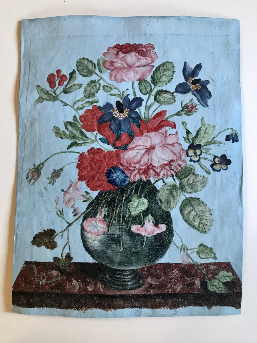 18th Century Framed Gouache Flowers-photo-2