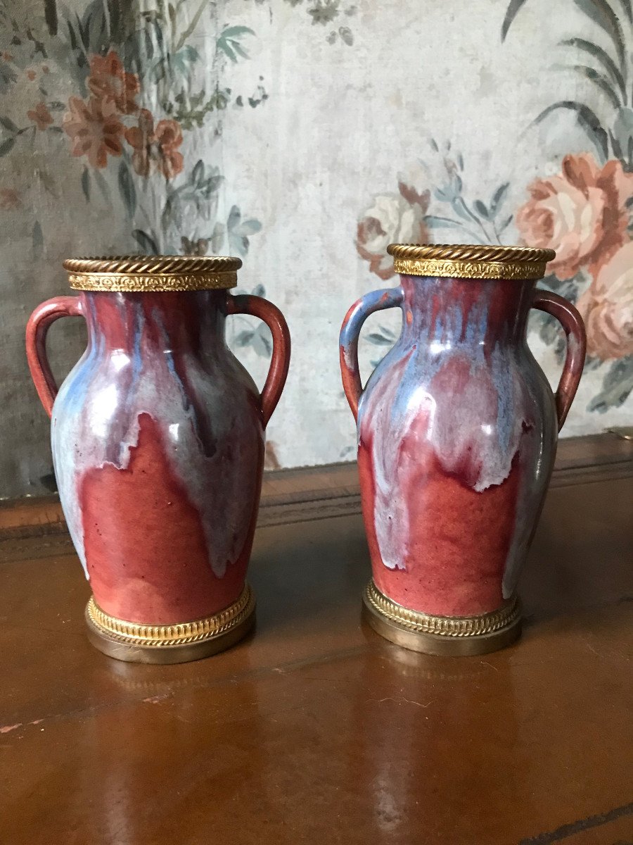 Pair Of Ceramic Mounted Vases Signed Cab Bordeaux 20th Century-photo-2