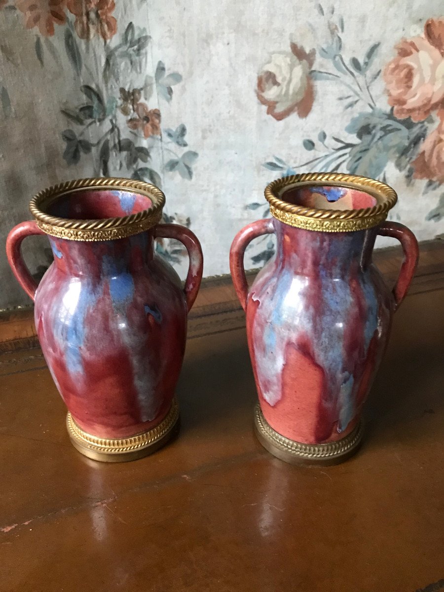 Pair Of Ceramic Mounted Vases Signed Cab Bordeaux 20th Century-photo-4