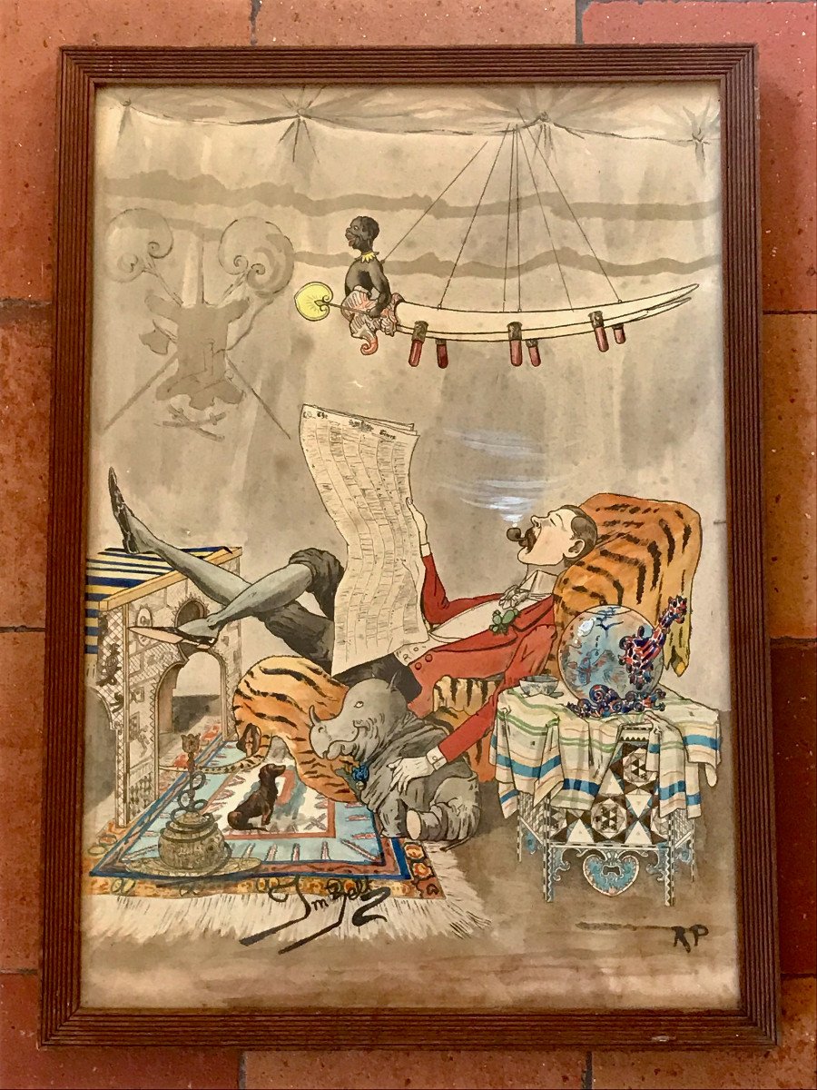 Large Satirical Enhanced Print English Lord Reading The Times In His Exotic Tent 20th Century-photo-2