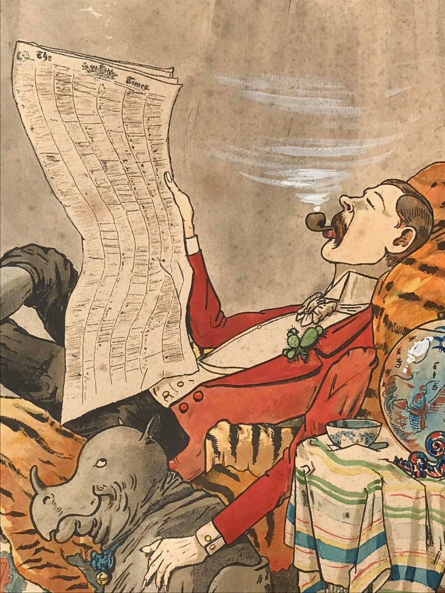Large Satirical Enhanced Print English Lord Reading The Times In His Exotic Tent 20th Century