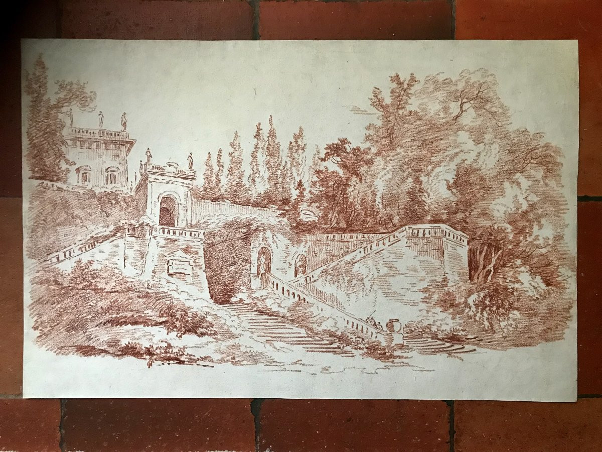 Large Red Chalk Drawing "villa Mattei Gardens" 18th Century-photo-2