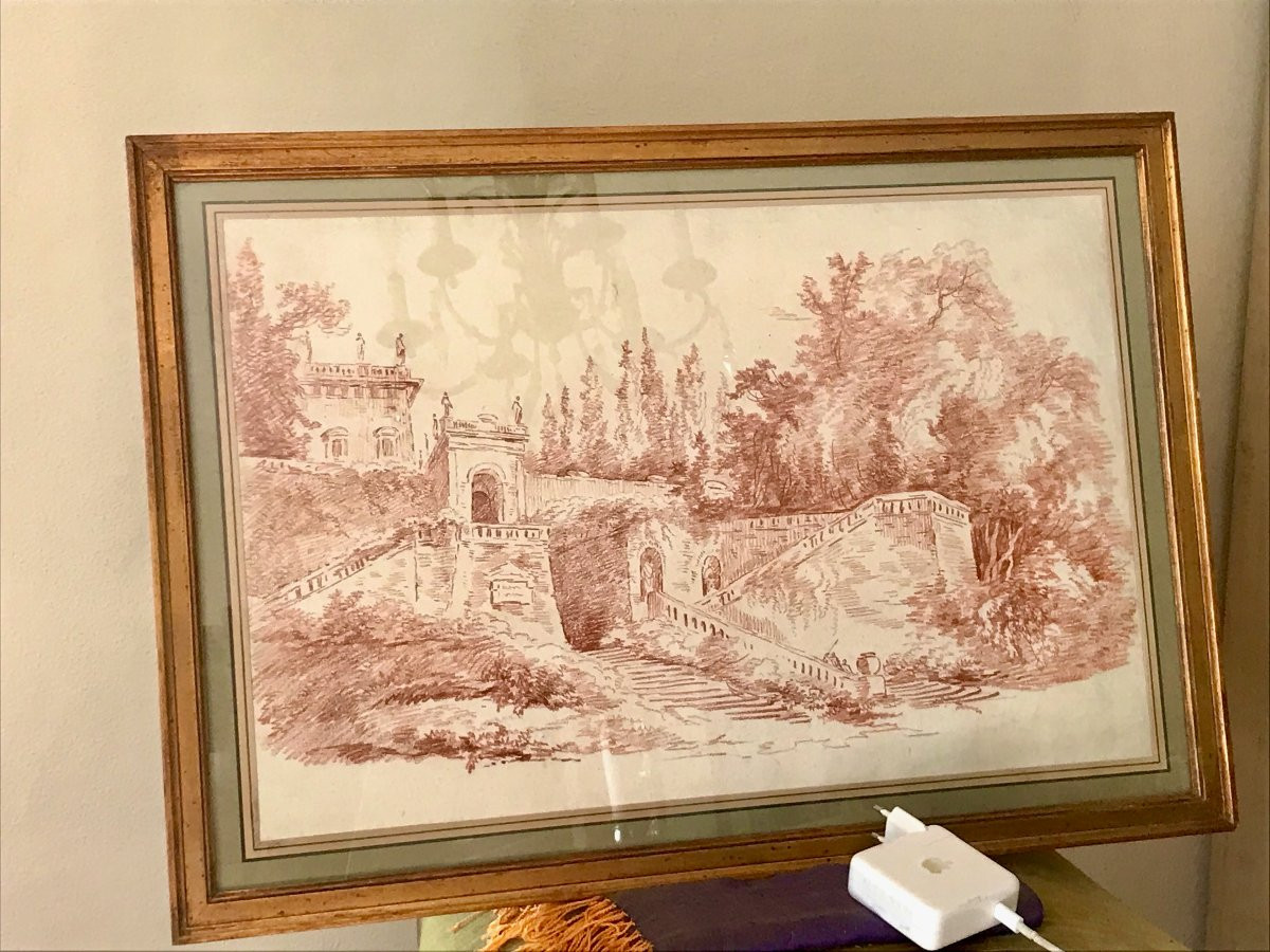 Large Red Chalk Drawing "villa Mattei Gardens" 18th Century-photo-3