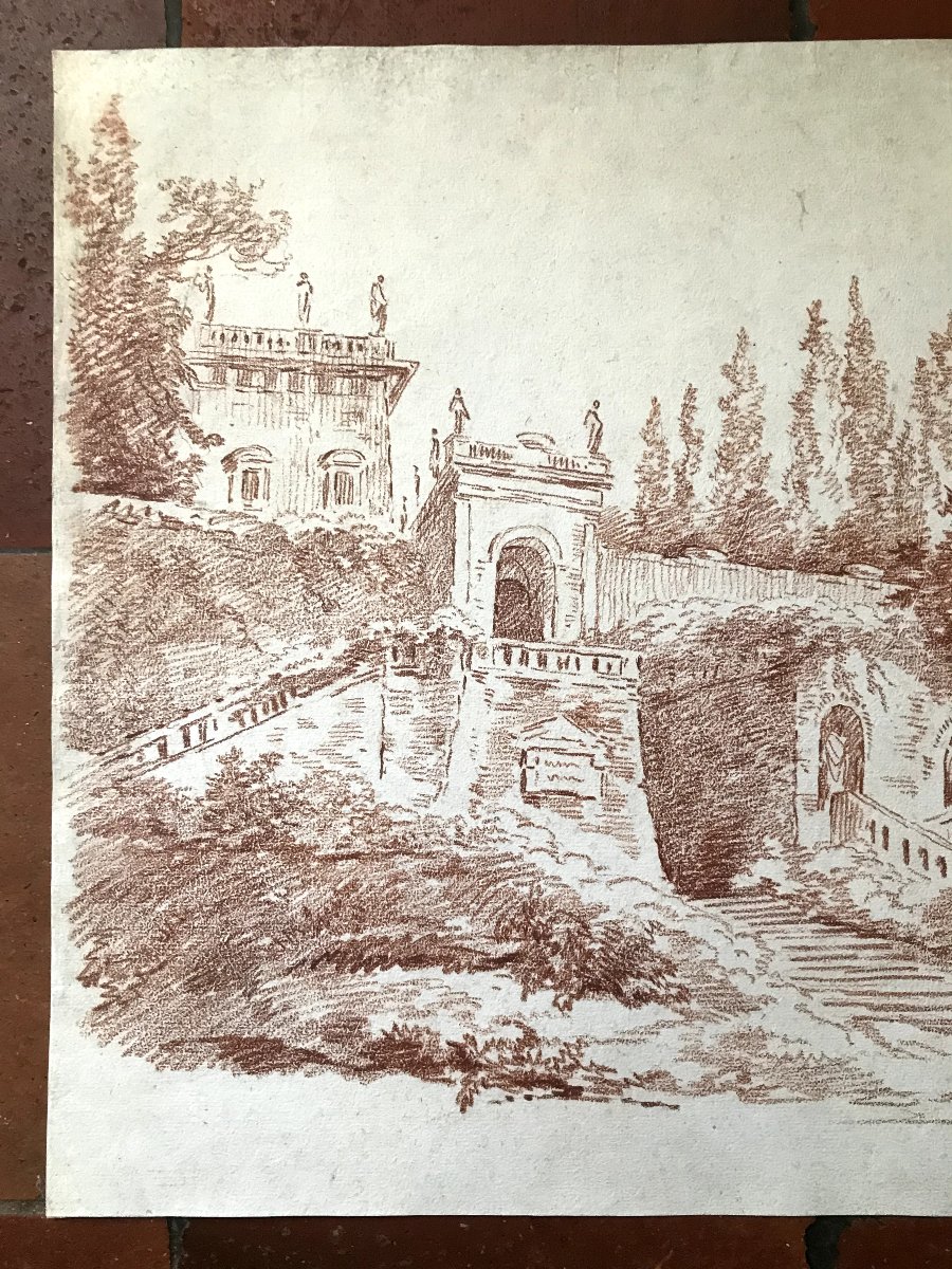 Large Red Chalk Drawing "villa Mattei Gardens" 18th Century-photo-4