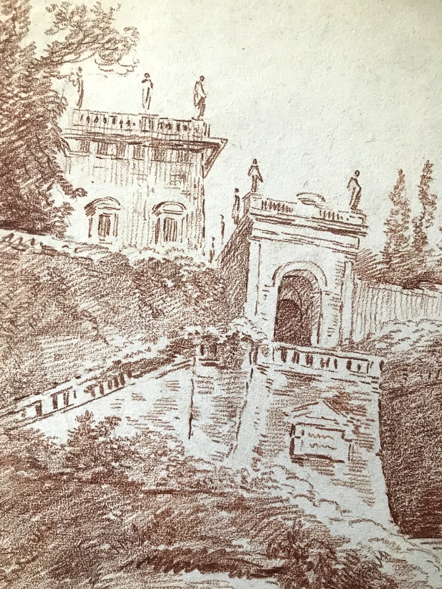 Large Red Chalk Drawing "villa Mattei Gardens" 18th Century-photo-3