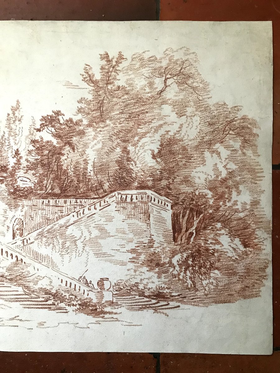 Large Red Chalk Drawing "villa Mattei Gardens" 18th Century-photo-5