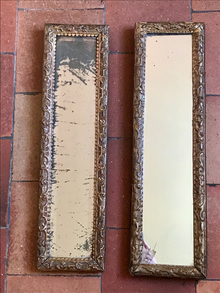Deux miroirs Bérain en bois doré d'époque Régence XVIIIe-photo-2
