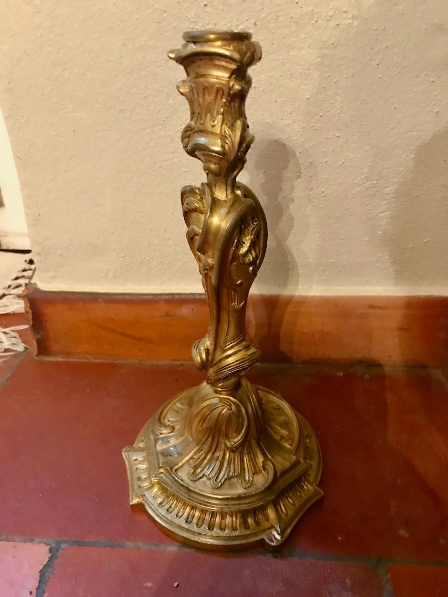 Pair Of Large Gilt Bronze Candlesticks, Signed-photo-2