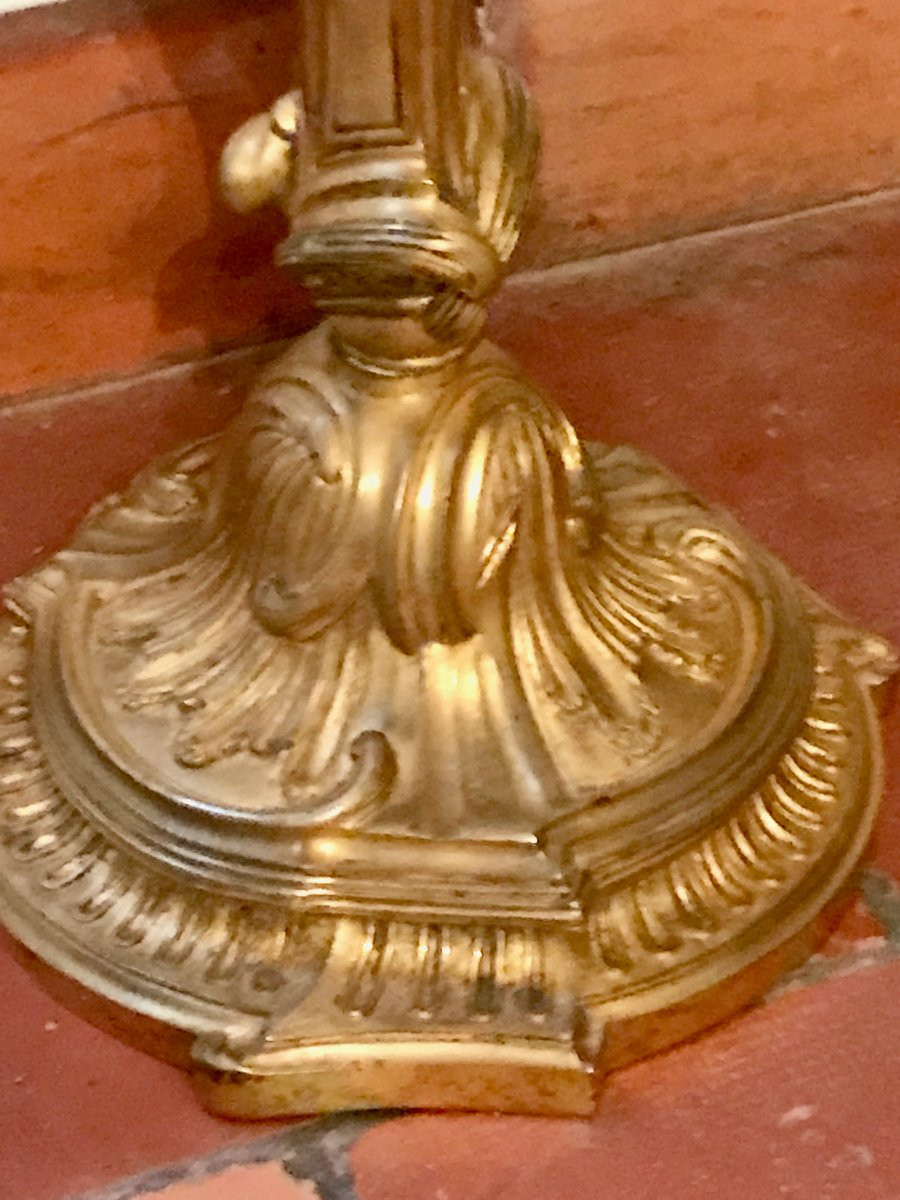 Pair Of Large Gilt Bronze Candlesticks, Signed-photo-1