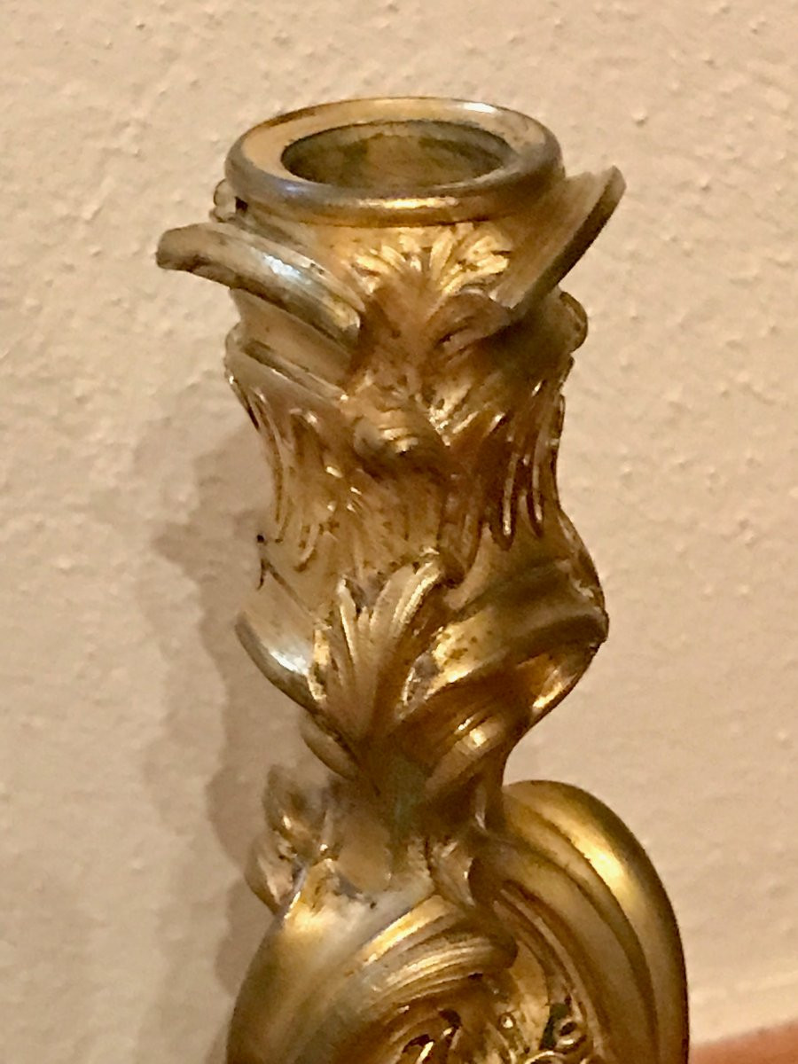 Pair Of Large Gilt Bronze Candlesticks, Signed-photo-2