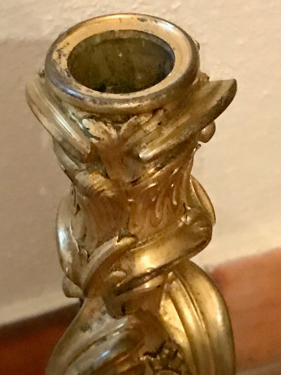 Pair Of Large Gilt Bronze Candlesticks, Signed-photo-3