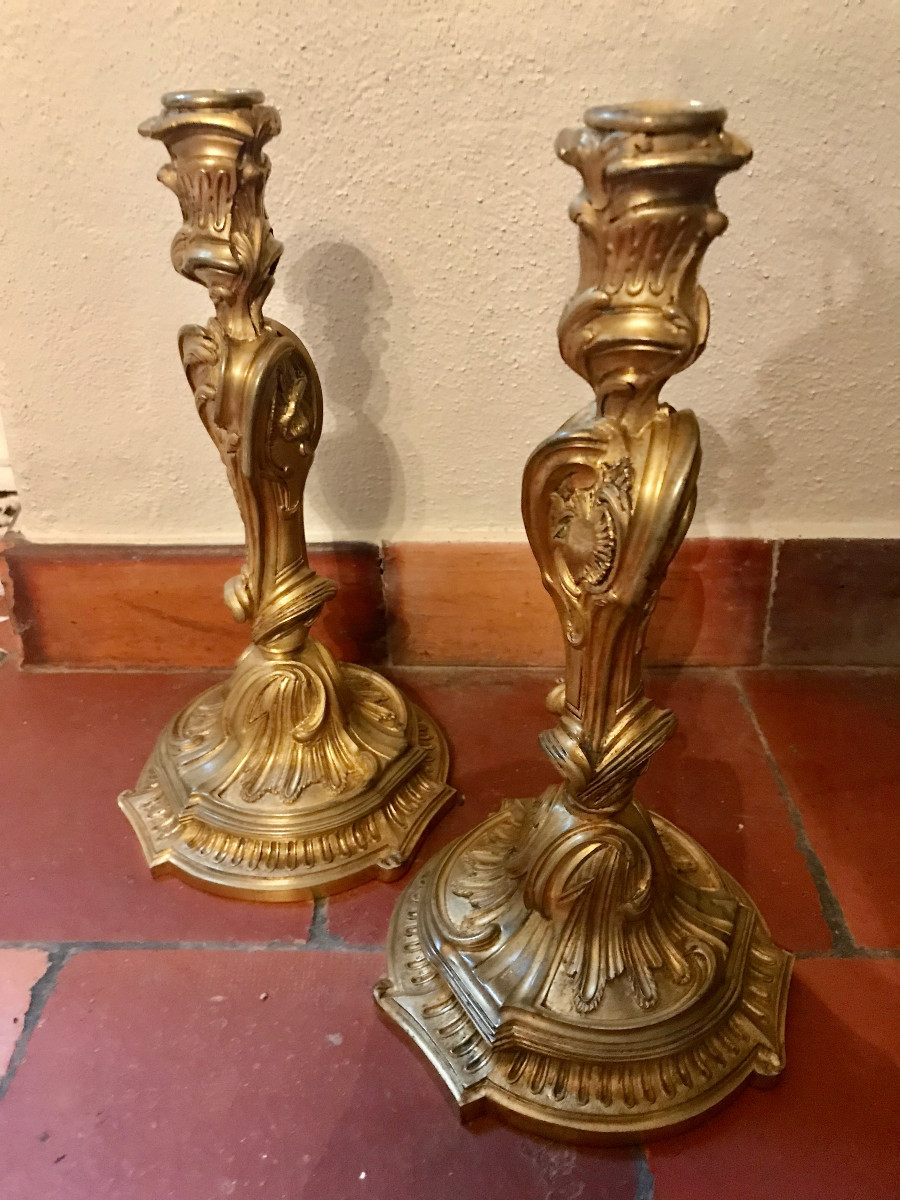 Pair Of Large Gilt Bronze Candlesticks, Signed