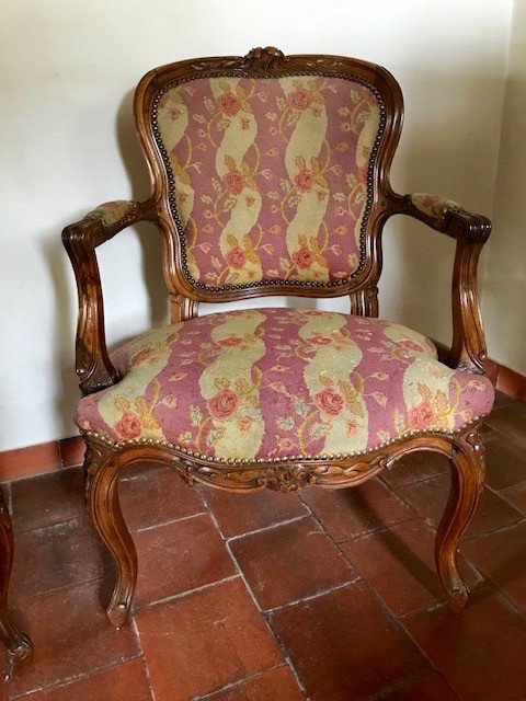 Pair Of Large Louis XV Walnut Armchairs Stamped-photo-3
