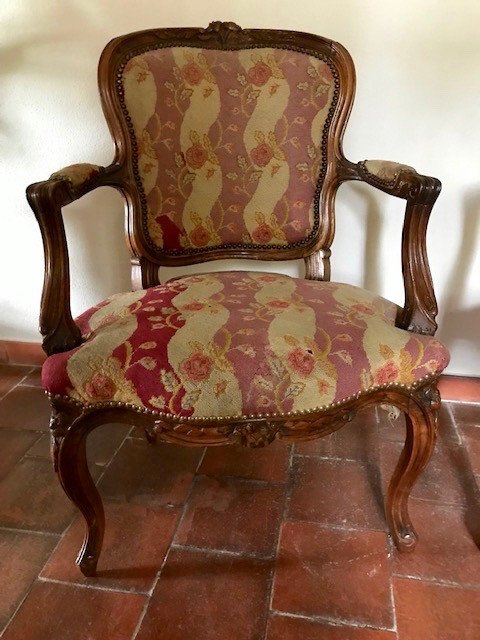 Pair Of Large Louis XV Walnut Armchairs Stamped-photo-4