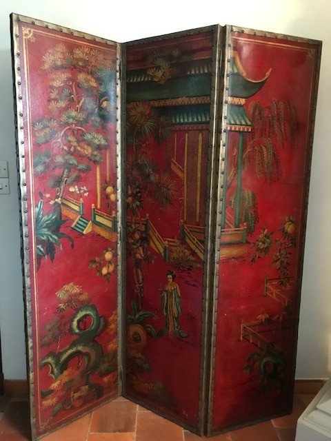 Chinoiserie Painted Canvas Screen 19th-photo-8