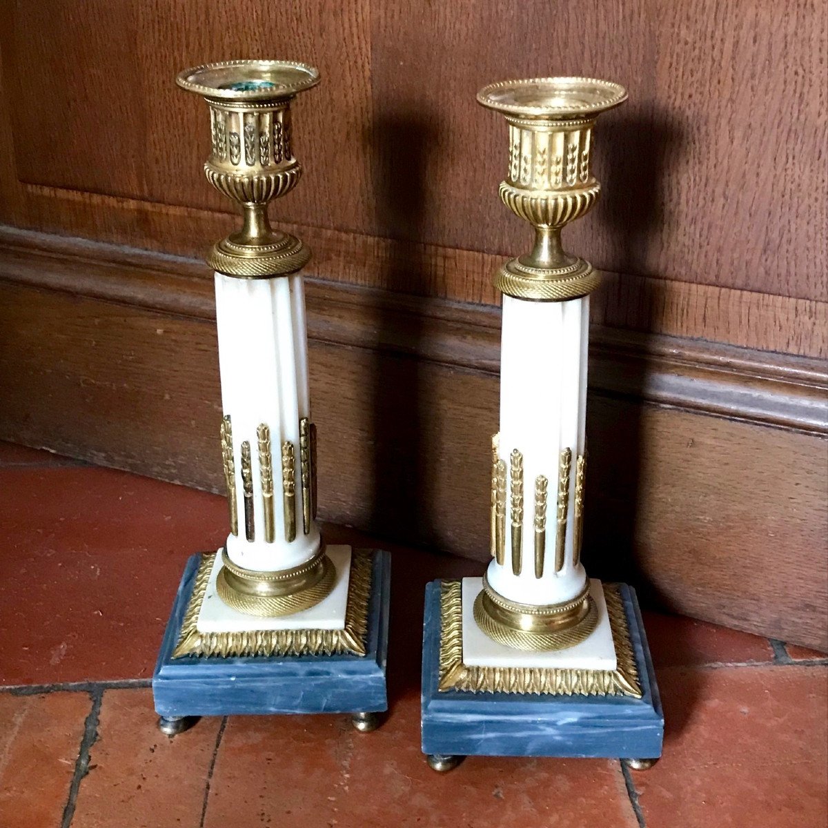 Pair Of Candlesticks Marble And Gilt Bronze Late 18th-photo-2