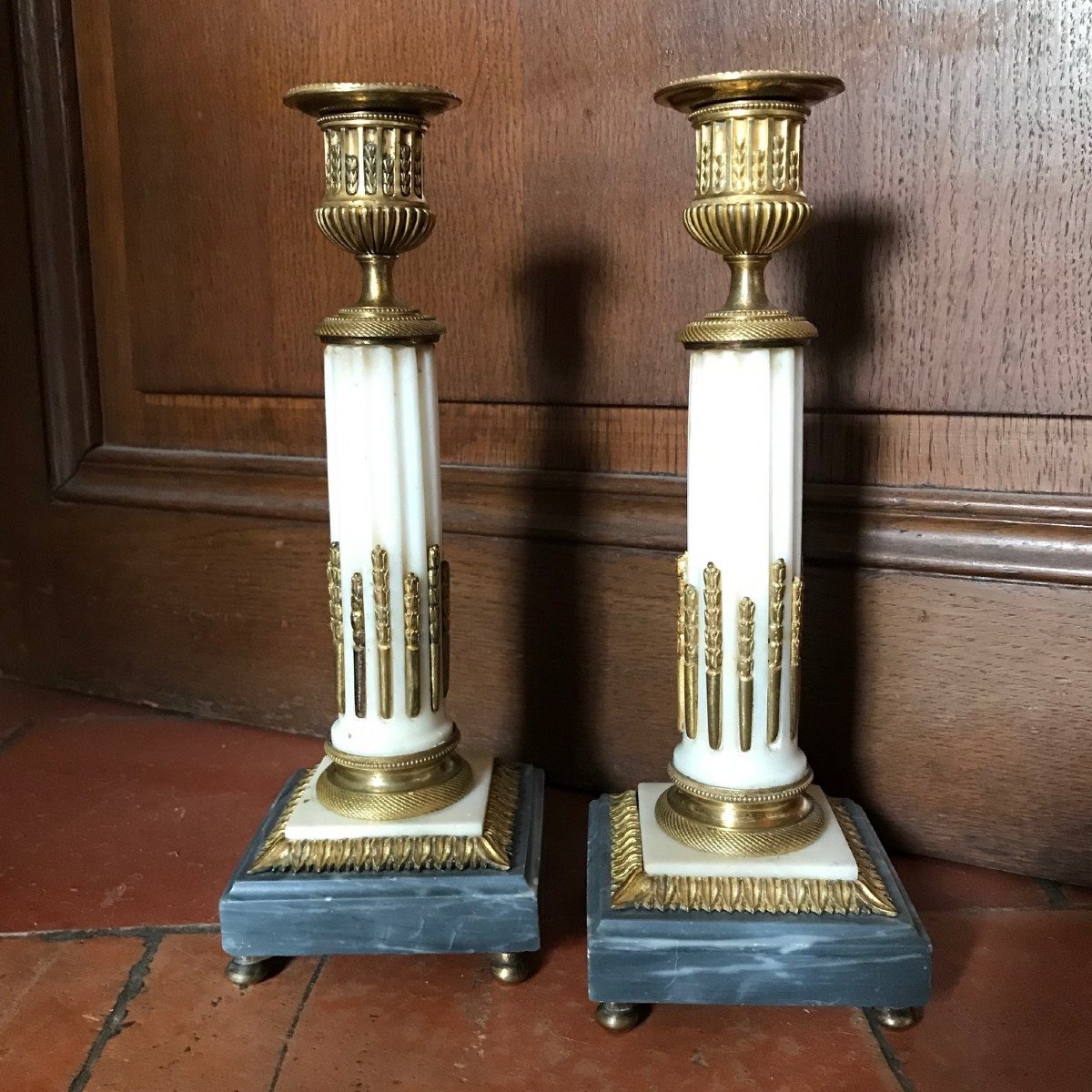 Pair Of Candlesticks Marble And Gilt Bronze Late 18th-photo-3