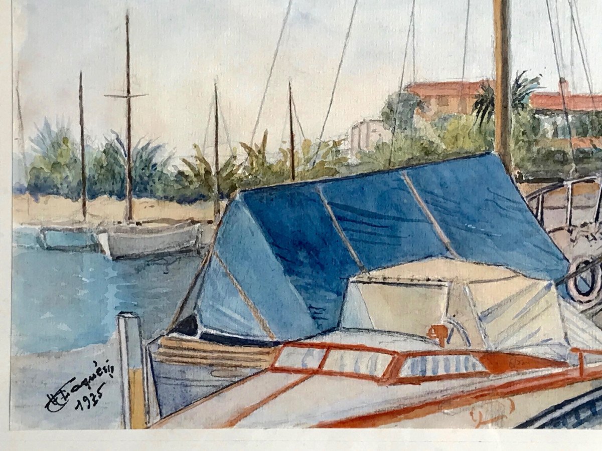 Watercolor Port Of Juan Les Pins Signed 1975-photo-3