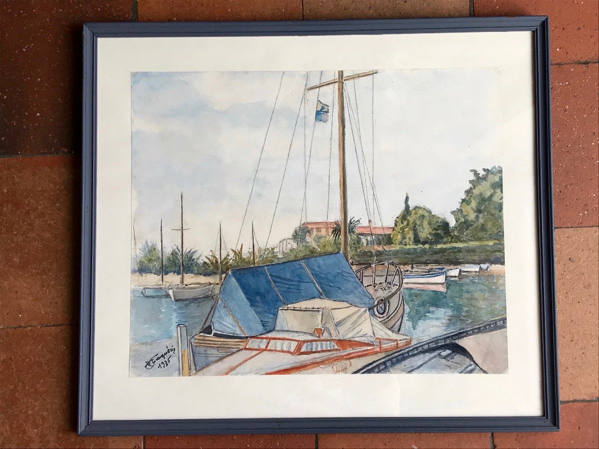 Aquarelle Port De Juan Les Pins Signée 1975