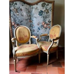 Pair Of 18th Century Medallion Armchairs, Louis 16 Period