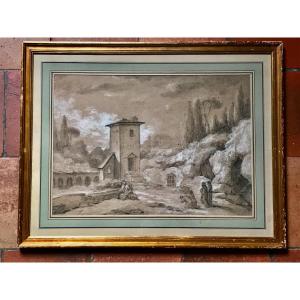 Large Drawing Roman Landscape Signed Michel-ange Challe  Mid 18th Century