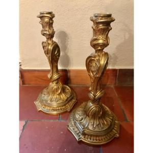 Pair Of Large Gilt Bronze Candlesticks, Signed