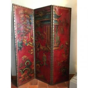 Paravent Toile Peinte Chinoiserie XIXe