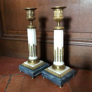 Pair Of Candlesticks Marble And Gilt Bronze Late 18th