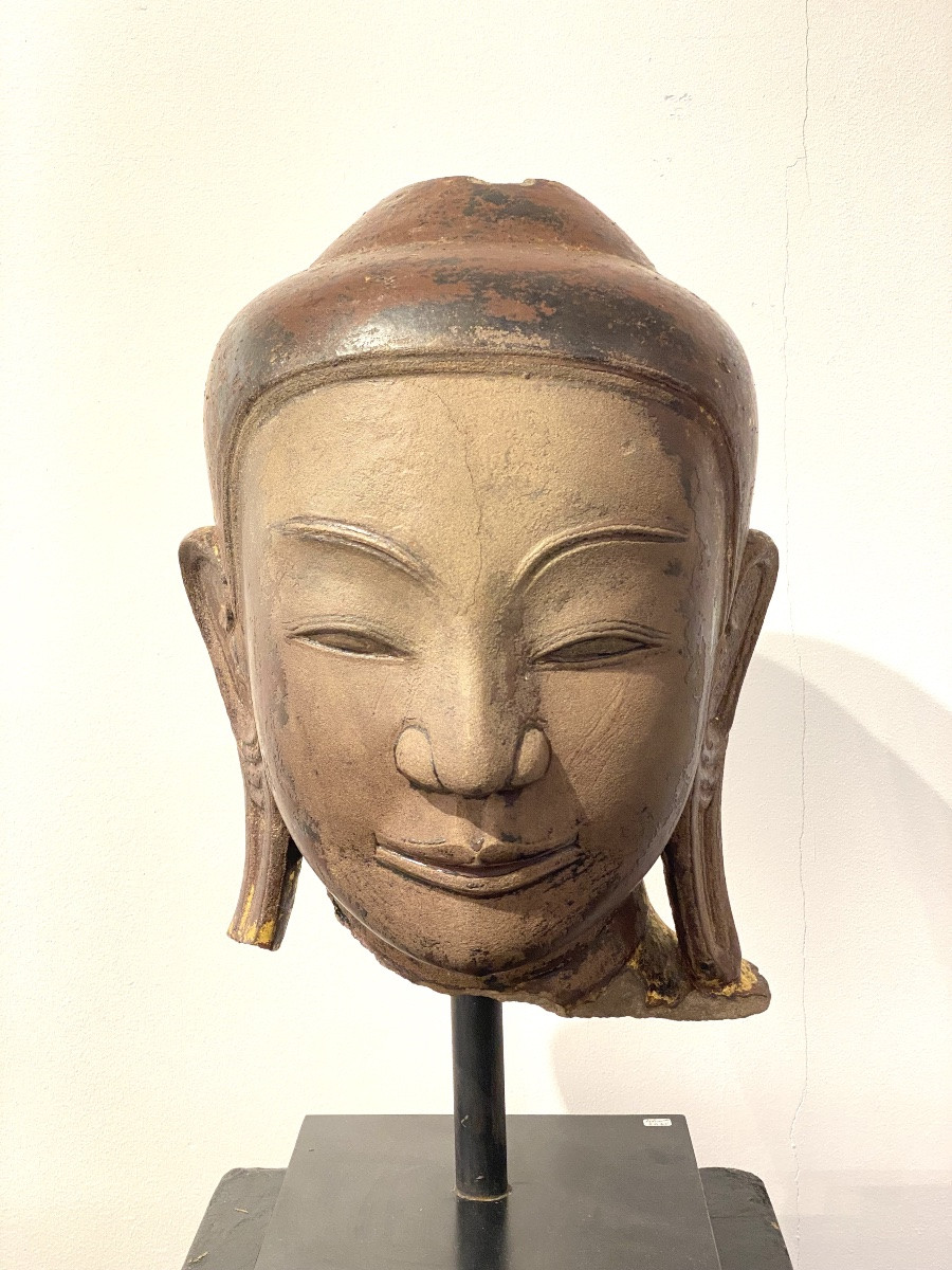 Large Stoneware Buddha Head, Ava Style, 17th Century Burma-photo-2