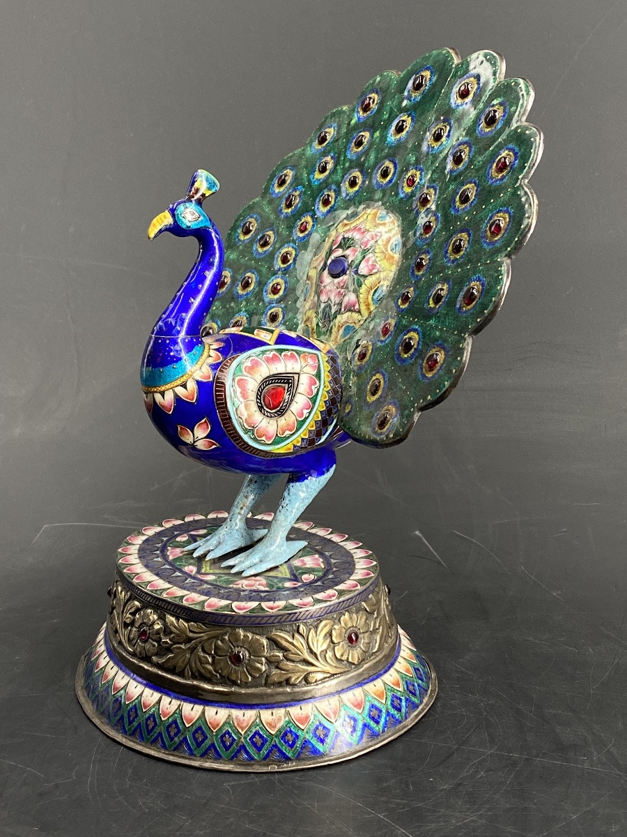 PAON EN ARGENT ET ÉMAIL, 23,5cm, INDE, JAIPUR, 1900- 1910.-photo-2