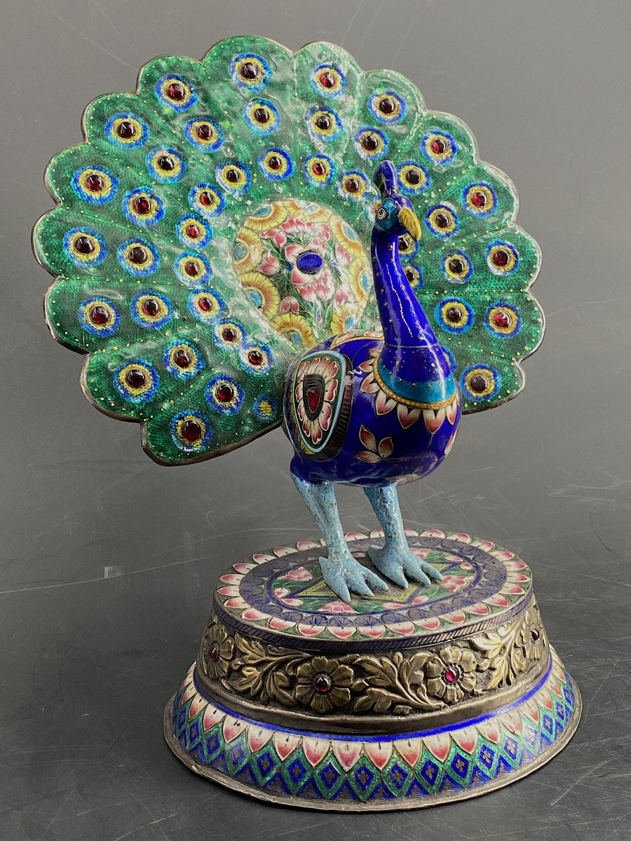 PAON EN ARGENT ET ÉMAIL, 23,5cm, INDE, JAIPUR, 1900- 1910.-photo-3