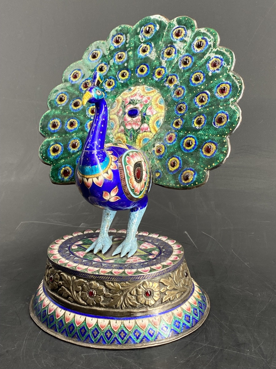PAON EN ARGENT ET ÉMAIL, 23,5cm, INDE, JAIPUR, 1900- 1910.-photo-4